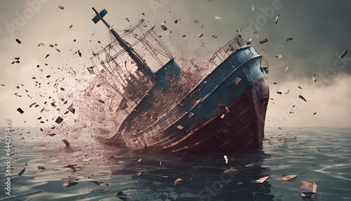 Sinking ship surrounded by debt and financial burdens, bankruptcy concept. An image of a sinking ship symbolizing financial troubles. Ideal for conveying economic collapse