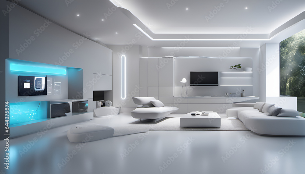Tech-savvy home automation and smart living, modern convenience visual. A futuristic home with cutting-edge technology. Perfect for tech ads, substantial text area Tech-savvy home automation and smart living, modern convenience visual. A futuristic home with cutting-edge technology. Perfect for tech ads, substantial text area