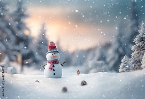 Snowman on winter landscape, generative ai Christmas greeting card. © inspiretta