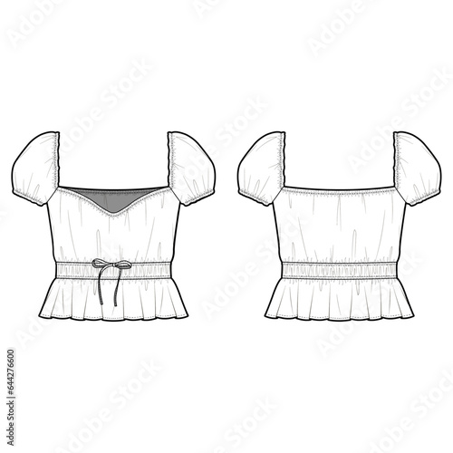 Technical Flat sketch of gathering detailed blouse. Front back sketch mock up. Vector short sleeve top with sweetheart neck. Woman cropped blouse w. peplum frill hem, template, elasticated waist, tie. photo