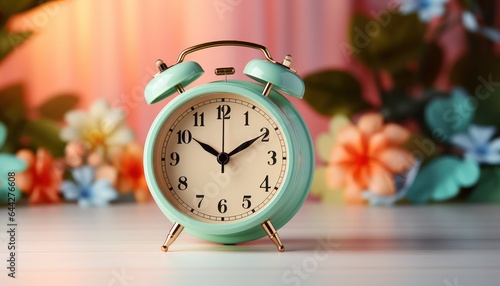  mint color vintage alarm clock on color background. 