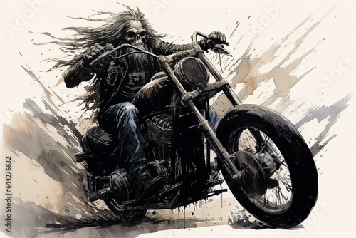 Ink-style rockfish riding a Harley motorcycle in Haran. Generative AI photo