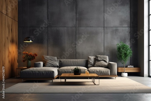 A modern loft living room with sleek finishes like polished concrete floor, wood paneling, and dark gray walls. It includes a sofa, coffee table, and flowerpots. Generative AI