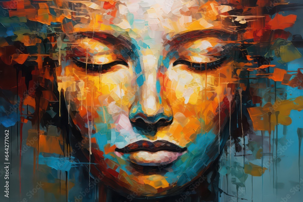 Photo realistic illustration of Woman face oil draw, Oil painting in colorful colors, Conceptual abstract picture of the eye