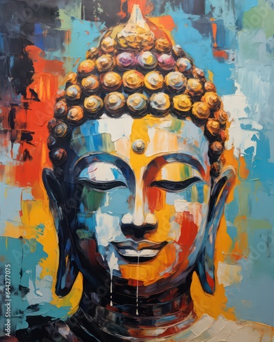 Photo realistic illustration of Lord buddha oil draw, Buddha statue Oil painting in colorful colors, Oil painting Buddha face with abstract texture on background