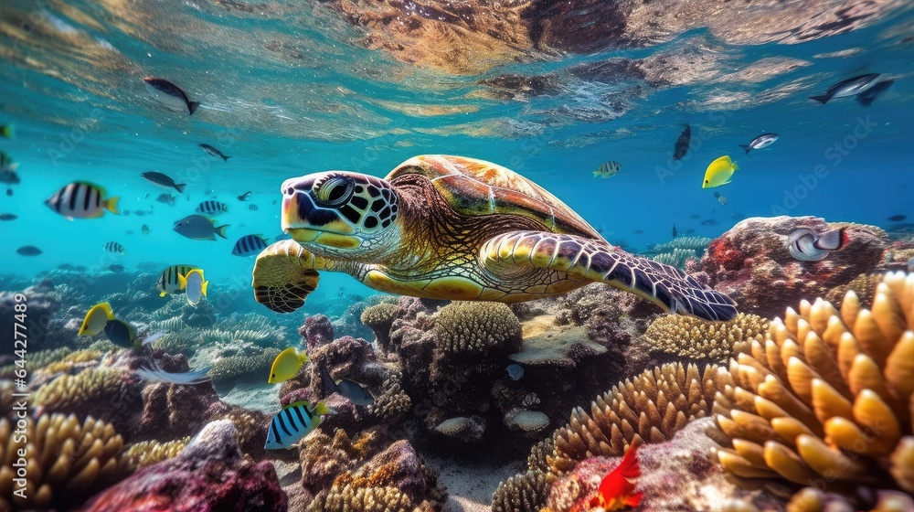 Portrait of a sea turtle swimming underwater in the ocean, underwater world. Generative AI Portrait of a sea turtle swimming underwater in the ocean, underwater world. Generative AI