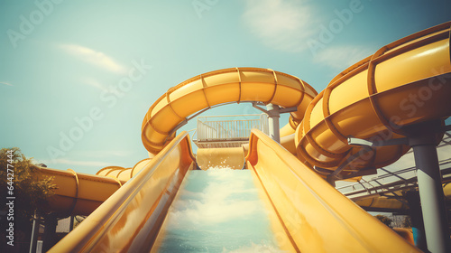 Yellow water slide on a bright sunny day, at a waterpark