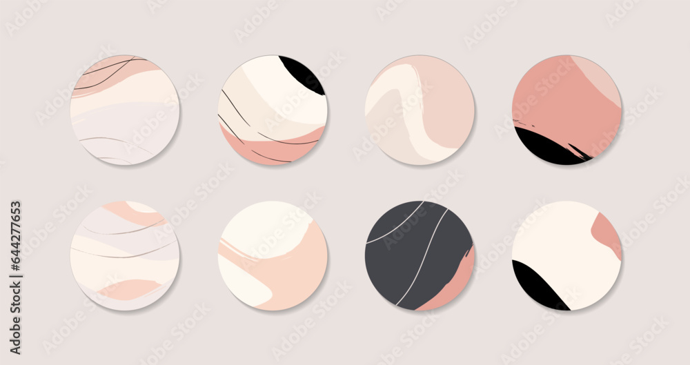 Collection of trendy highlights covers for stories. Social network. Minimalist abstract design in delicate pastel colors. Smooth shapes and lines. Backdrop for beauty shop, bloggers and social page