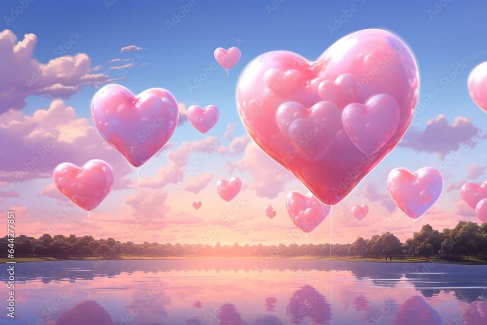 Capture the romance of Valentine's Day with a dreamy painting of heart-shaped clouds in the sky. Generative AI