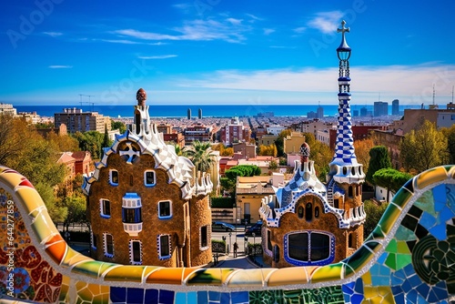 panoramic vista of Barcelona from the scenic public park Guell in Catalonia, Spain. Generative AI