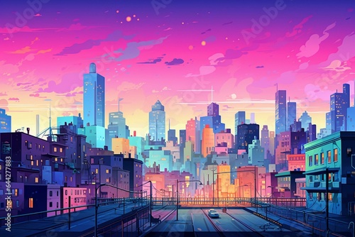Illustration of urban city at night with vibrant neon lights and soft pastel hues. Generative AI