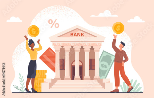 People near bank concept. Man and woman with golden coins near building. Banking operations and cashless transfers and trannsactions. Credit and loan, mortgage. Cartoon flat vector illustration