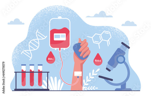 Human with blood donation concept. Hand with packages of plasma near microscope. Healthcare and treatment. Support and help. Activist and volunteer. Cartoon flat vector illustration