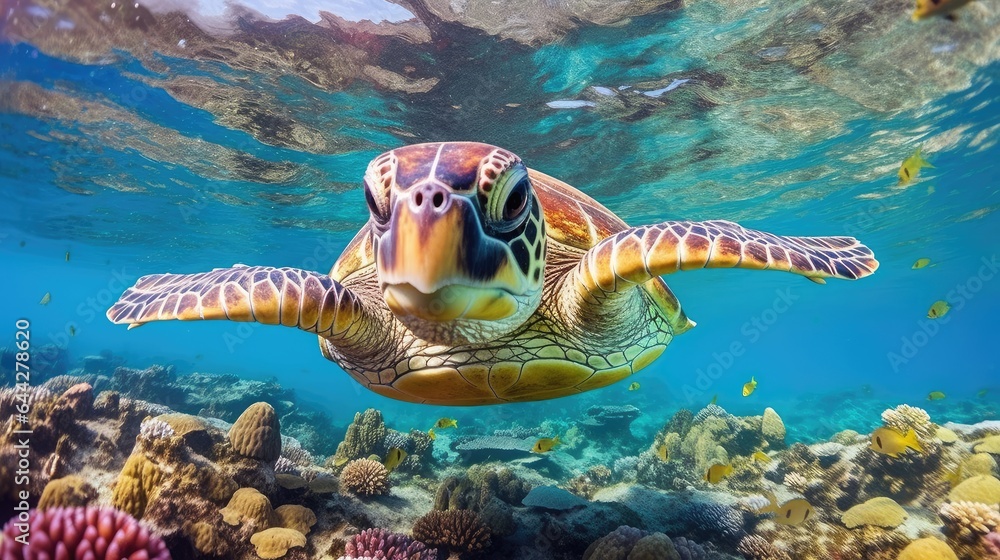 Obraz premium Portrait of a sea turtle swimming underwater in the ocean, underwater world. Generative AI