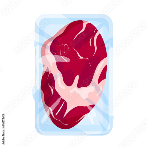 Frozen meat package vector illustration. Cartoon isolated supermarket plastic tray with piece of beef tenderloin with streaks of fat, market or butchers shop food product pack with meat for cooking