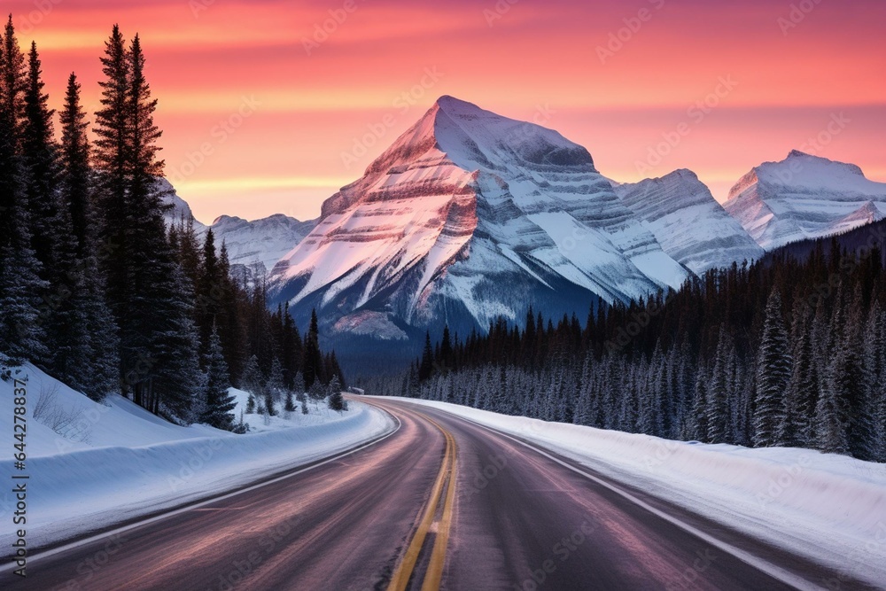 Jasper National Park's beautiful Icefields Parkway during twilight. Generative AI