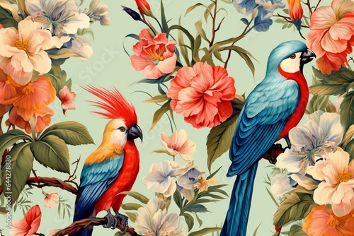 Seamless vintage floral wallpaper featuring exotic birds and flowers. Ideal for fabric, posters, prints, and murals. Generative AI © Isannah