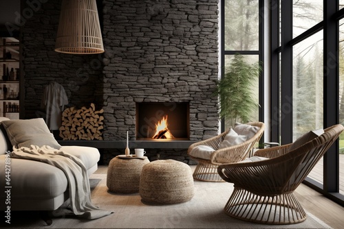 Modern indoor space featuring a fireplace, wicker decorations, a stone wall, and stylish grey accents. Generative AI © Michael