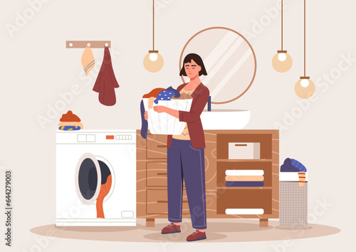 Woman with clothes in bathroom. Young girl near washing machine with stack of wear and apparel. Cleanliness and hygiene, routine and household chores. Cartoon flat vector illustration
