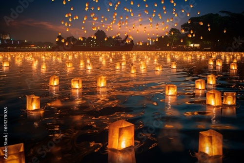 A stunning lantern on the water at night. Loy Krathong festival, Chinese paper lanterns. Generative AI