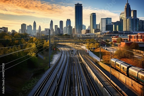 Buckhead Atlanta skyline with Georgia 400 highway and MARTA rapid rail train tracks. Generative AI photo