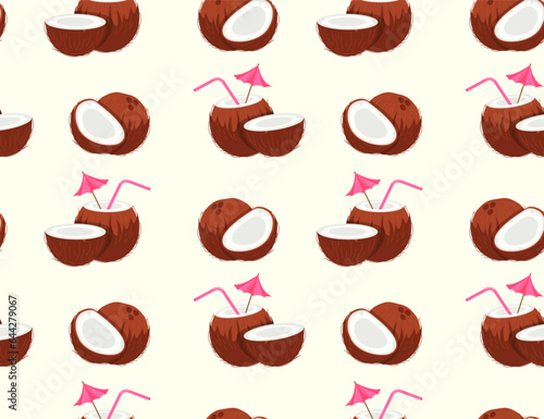 Seamless pattern wit coconut concept. Repeating design element for printing on fabric. Natural and organic products. Summer dessert and drink with straw. Cartoon flat vector illustration
