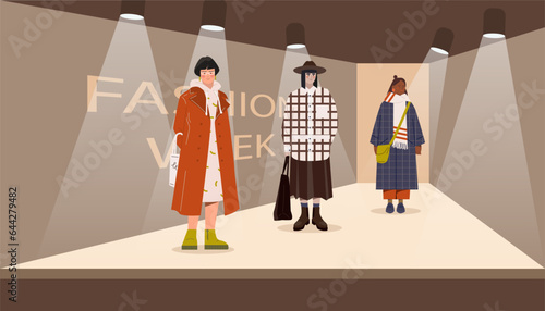Models at fashion week concept. Women in trendy clothes and outfit. Young girls in garments and skirts at podium or pedestal. Fashion idustry and performance. Cartoon flat vector illustration