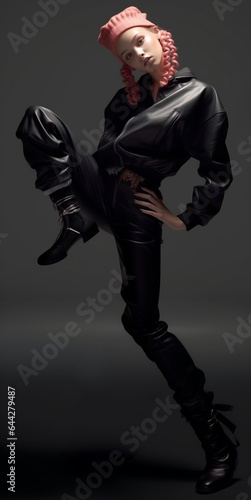 A fashion models posing black wearing leather jacket