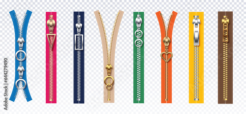 Set of fashion zippers. Elements of clothing and apparel on copy space. Trend and style. Colorful parts of bags. Realistic isometric vector collection isolated on transparent background
