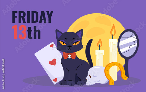 Friday 13th poster. Mysticism and paranormal phenomena, rituals. Black cat with cards and candles, mirror. Scary day. Template, layout and mock up. Cartoon flat vector illustration