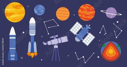 Galaxy elements set. Rockets near planets and constellations. Telescope and satellite. Galaxy and universe. Astrology and astronomy. Cartoon flat vector collection isolated on starry background