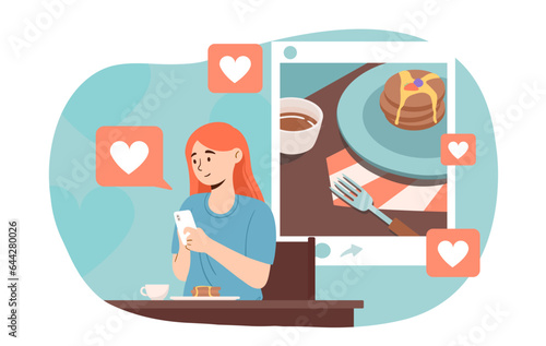 Woman make post with food. Blogger and influencer share with followers her breakfast. Popular personality and celebrity. Content creator in social networks. Cartoon flat vector illustration