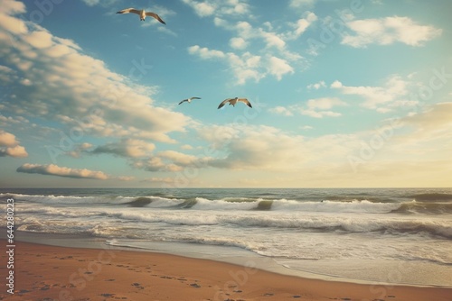 Seagulls fly above the beach through the summer sky while the waves crash. Generative AI