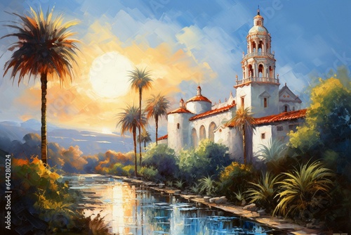 A modern impressionistic palette knife oil painting depicting Hearst Castle in California. Generative AI