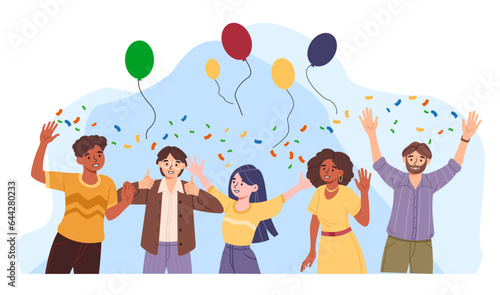 Group of joyful people with balloons. Confetti and decoration for room. Women and men at party or event. Birthday, holiday and festival. Greeting postcard design. Cartoon flat vector illustration