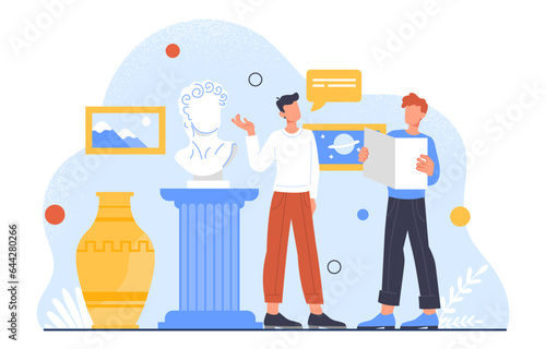 Tourist with guide in museum concept. Exhibition and gallery. Cultural rest and leisure. Young guy with map and booklet. Instruction for museum visitors. Cartoon flat vector illustration