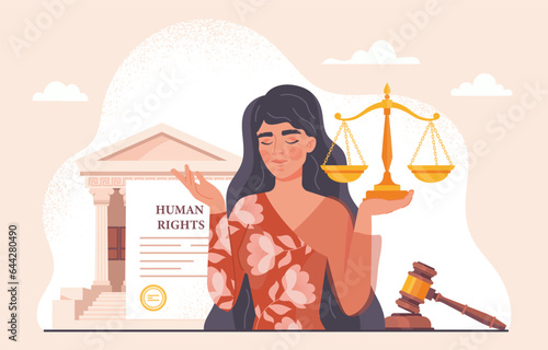 Woman with human rights concept. Young girl near judge gavel, scales and document. Jurisprudence and legal support. Democracy and freedom of speech. Cartoon flat vector illustration