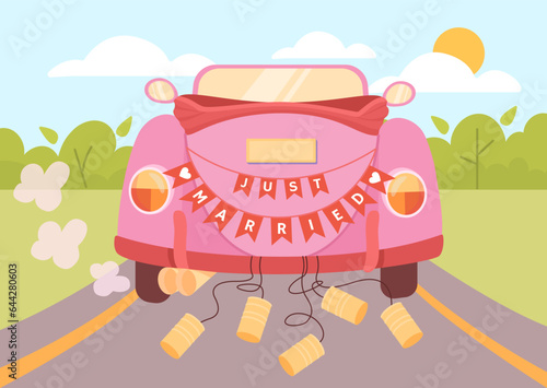 Just married pink car concept. Wedding and marriage ceremony and rituals. Love and romance, happiness. Transport for wife and husband, bride and groom. Cartoon flat vector illustration