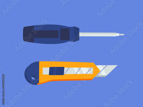 Labor tools set. Screwdriver and construction clerical knife for workers. Builders and repairmen inventory. Poster or banner. Cartoon flat vector collection isolated on blue background