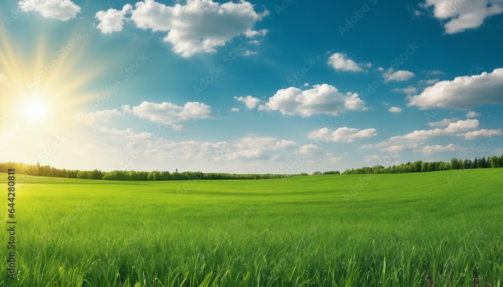 Fototapeta premium Green field with grass against blue sky with sun, beautiful panoramic natural landscape, spring summer background