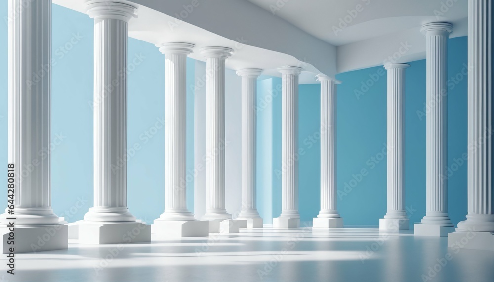 Fototapeta premium Minimalistic white and light blue architectural background banner with tilted columns, beautiful and airy