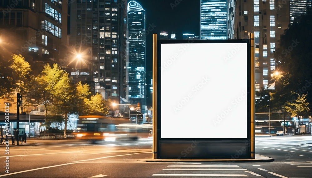 Night city bus stop with blank billboard, blurred urban background