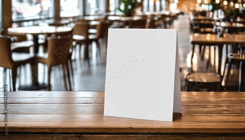 Blank white empty menu sign poster mockup display paper on cafe countertop for marketing, design, and advertising