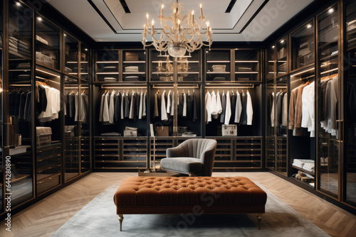 Elegant Walk-in Closet with Art Deco Inspired Design, Showcasing Modern Luxury and Functionality