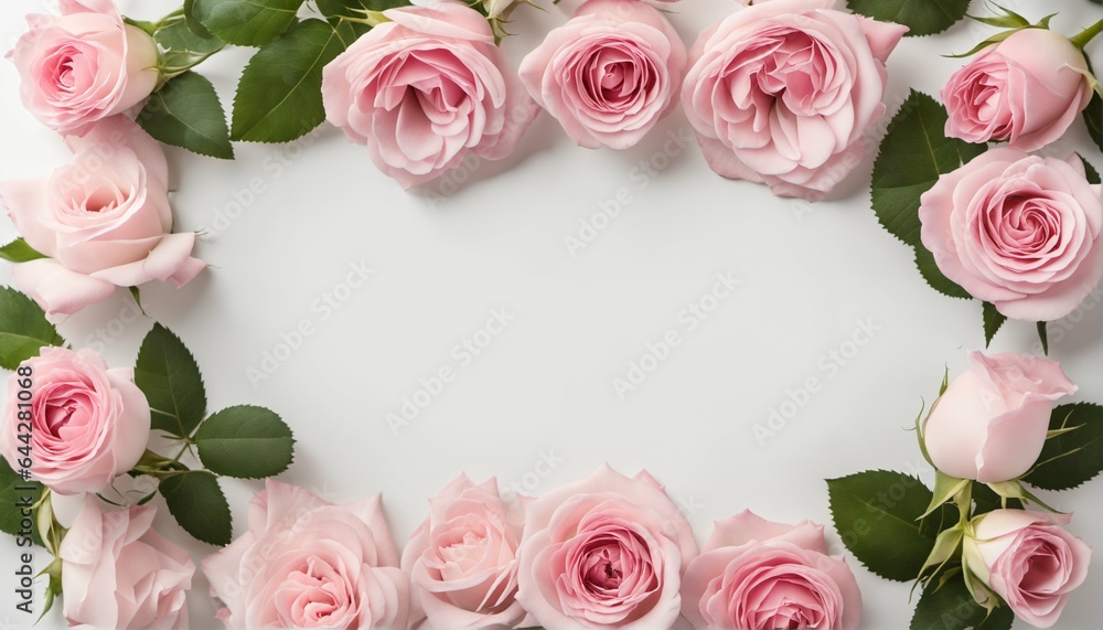 Close up of blooming pink roses flowers and petals on white table background - decorative web banner, floral frame composition, empty space, flat lay, top view