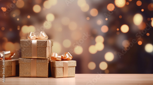 gift boxes on blur bokeh lighting background with copy space for banner poster and greeting card design