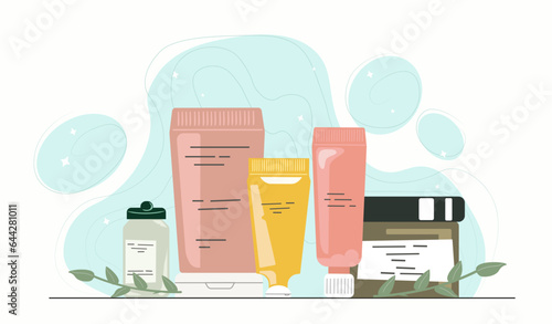 Make up products concept. Packages with cream and lotions, cosmetics. Skin and body care. Items for beauty procedures and SPA treatments. Aesthetics and elegance. Cartoon flat vector illustration