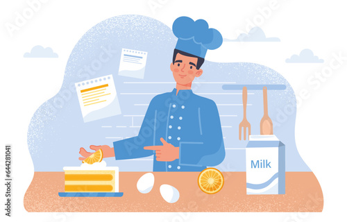 Man making cake concept. Cook in hat with eggs at kitchen. Cooking instructions and guide. Young guy prepare tasty products. Hmemade bakery and candy. Cartoon flat vector illustration