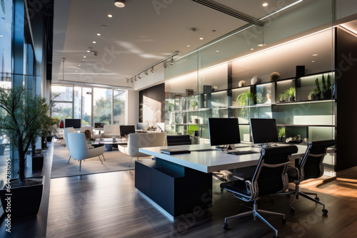 A Modern and Chic Urban Oasis  Captivating Office Interior with Sleek Furniture and Stylish Decor