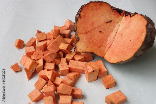 Elephant foot yam, suran, sliced for cooking preparations